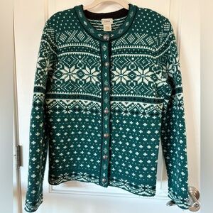 L.L. Bean Women's Teal Green and White Fair Isle Lambswool Cardigan